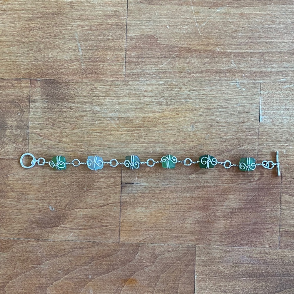 Sterling Silver Green Sea Glass Wire-Wrapped Bracelet - Picture 3 of 6
